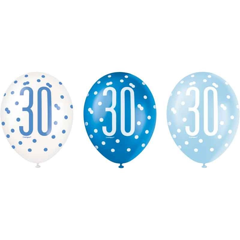 Pack of 6 Aged 30 Blue Glitz Latex Balloons