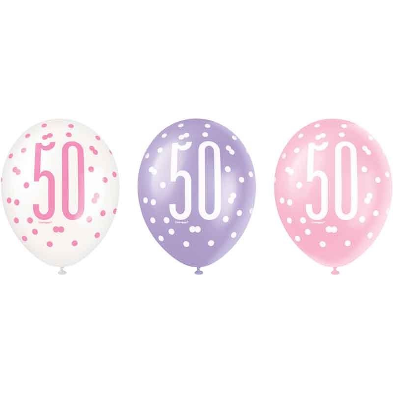 Pack of 6 Aged 50 Pink Glitz Latex Balloons