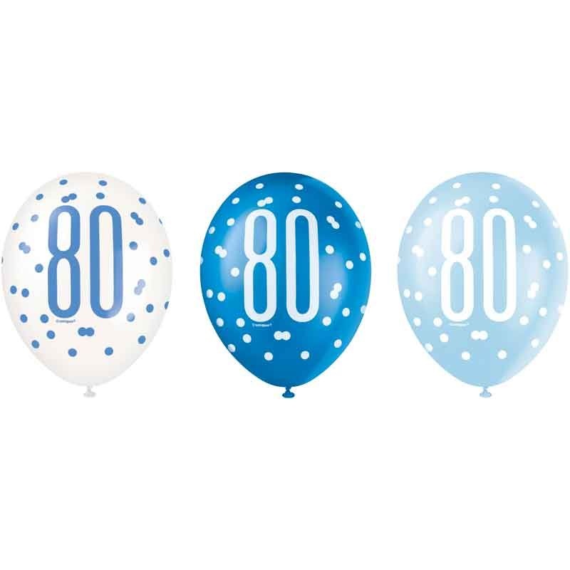Pack of 6 Aged 80 Blue Glitz Latex Balloons