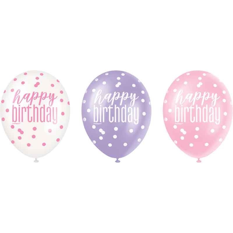 Pack of 6 Happy Birthday Pink Glitz Latex Balloons