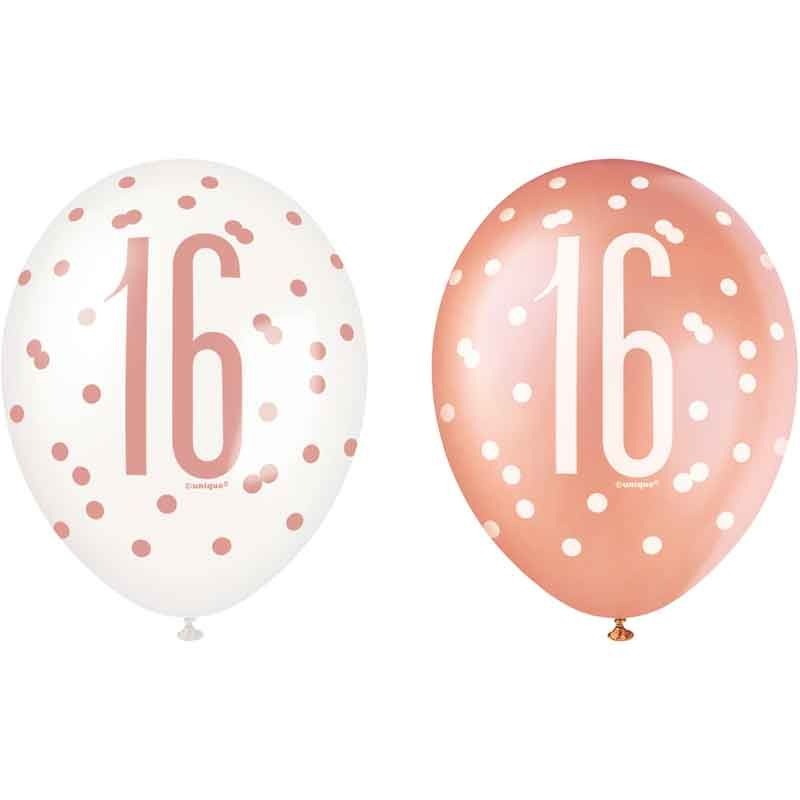 Pack of 6 Aged 16 Rose Gold Glitz Latex Balloons