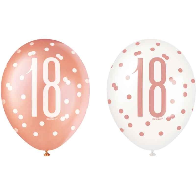 Pack of 6 Aged 18 Rose Gold Glitz Latex Balloons