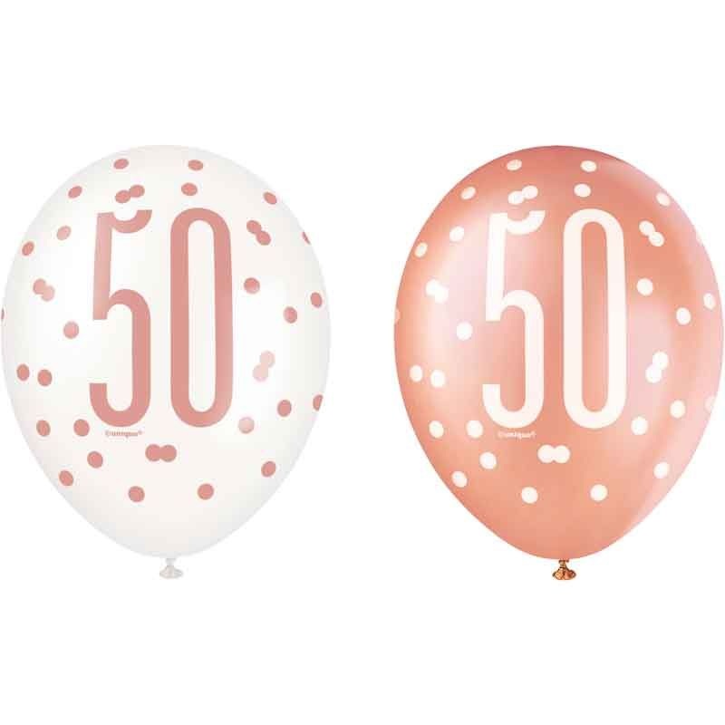 Pack of 6 Aged 50 Rose Gold Glitz Latex Balloons