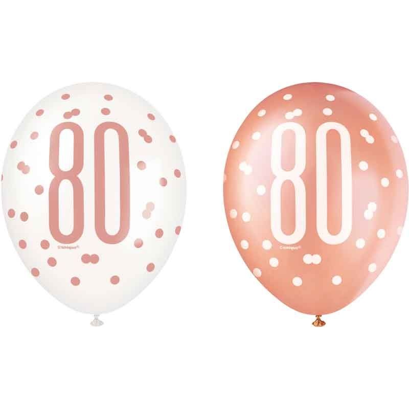 Pack of 6 Aged 80 Rose Gold Glitz Latex Balloons