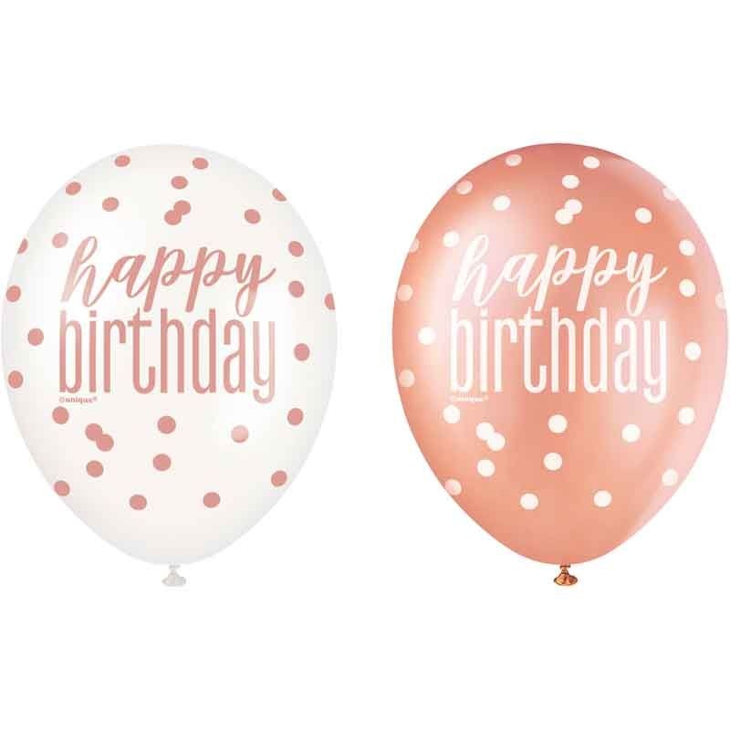 Pack of 6 Happy Birthday Rose Gold Glitz Latex Balloons