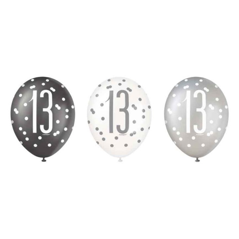 Pack of 6 Aged 13 Black Glitz Latex Balloons