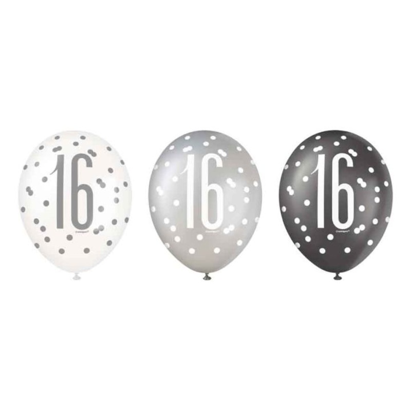 Pack of 6 Aged 16 Black Glitz Latex Balloons