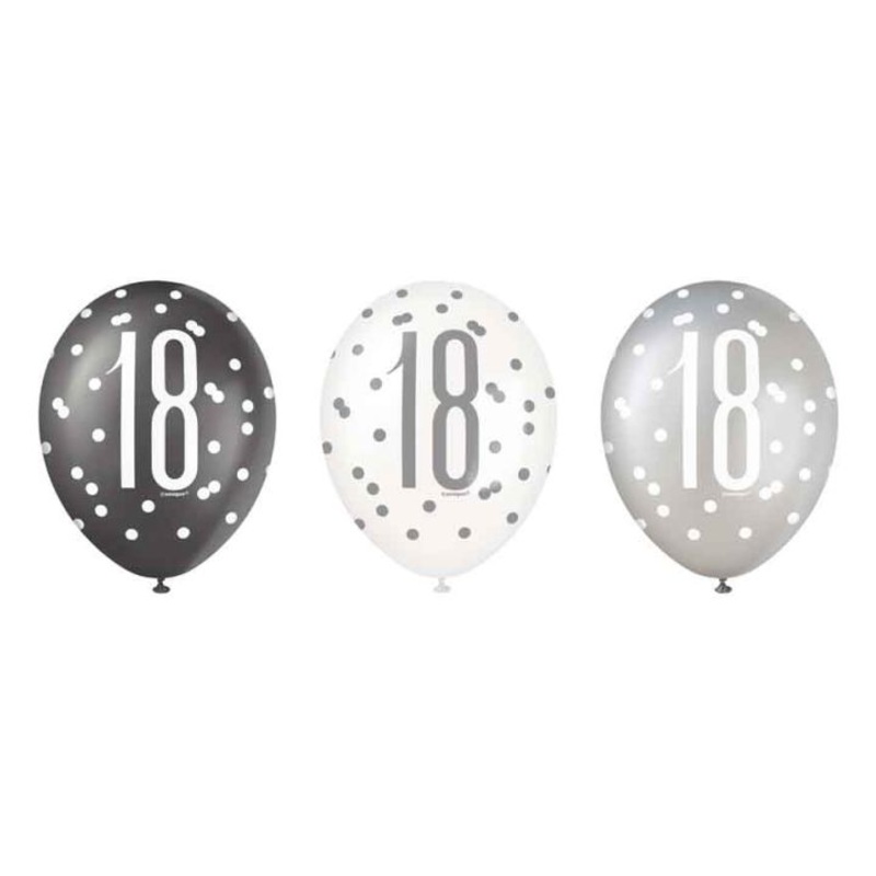 Pack of 6 Aged 18 Black Glitz Latex Balloons