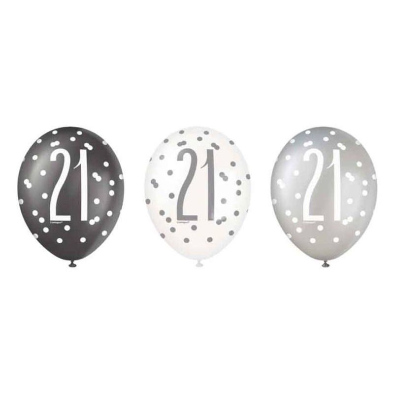 Pack of 6 Aged 21 Black Glitz Latex Balloons