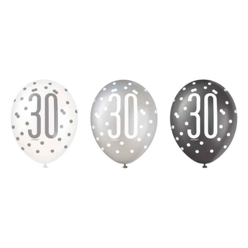Pack of 6 Aged 30 Black Glitz Latex Balloons