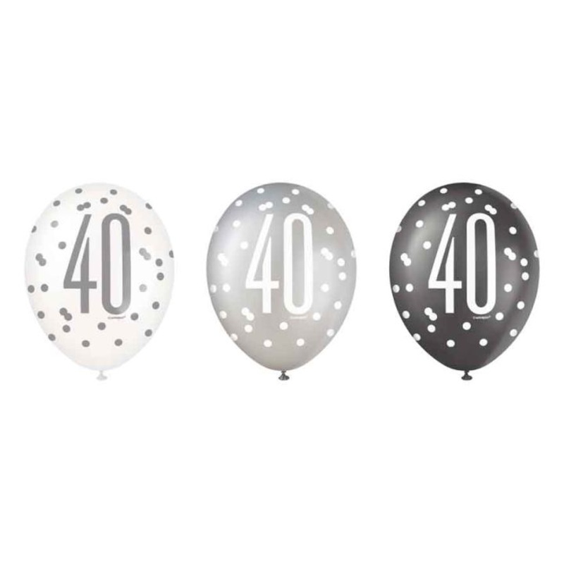 Pack of 6 Aged 40 Black Glitz Latex Balloons
