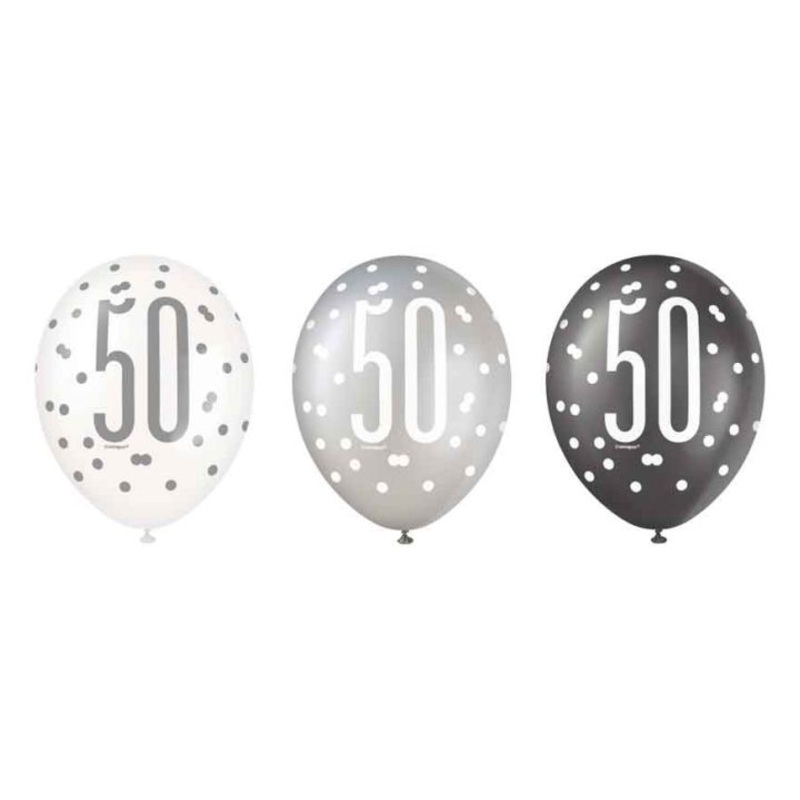 Pack of 6 Aged 50 Black Glitz Latex Balloons