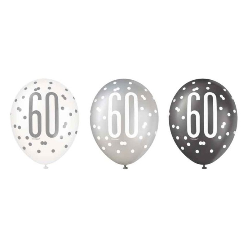Pack of 6 Aged 60 Black Glitz Latex Balloons