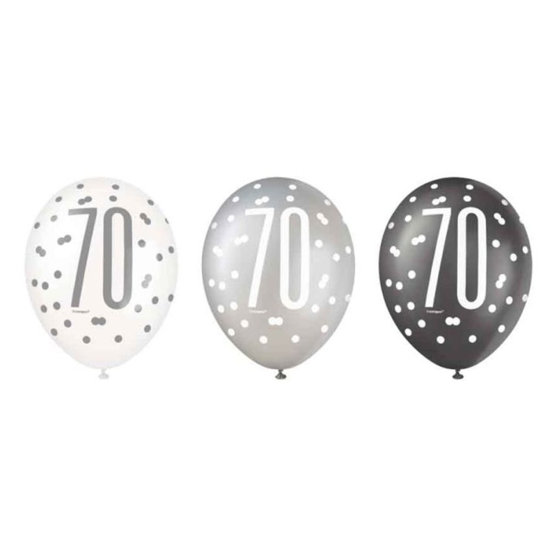 Pack of 6 Aged 70 Black Glitz Latex Balloons