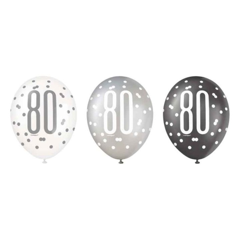 Pack of 6 Aged 80 Black Glitz Latex Balloons