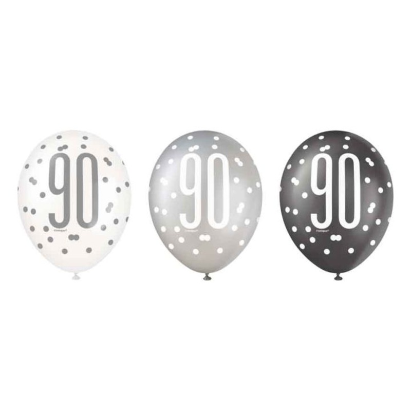 Pack of 6 Aged 90 Black Glitz Latex Balloons