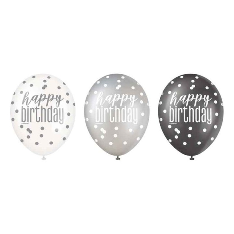 Pack of 6 Happy Birthday Black Glitz Latex Balloons