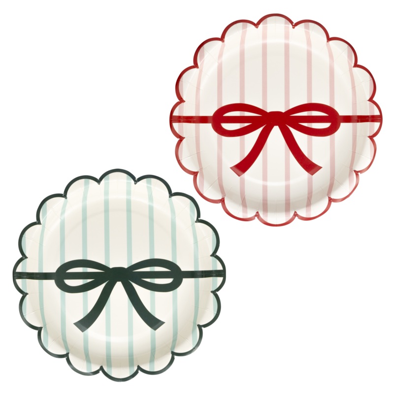 Red and Pink Green and Mint Stripes and Bow Scalloped 7 Plate Set