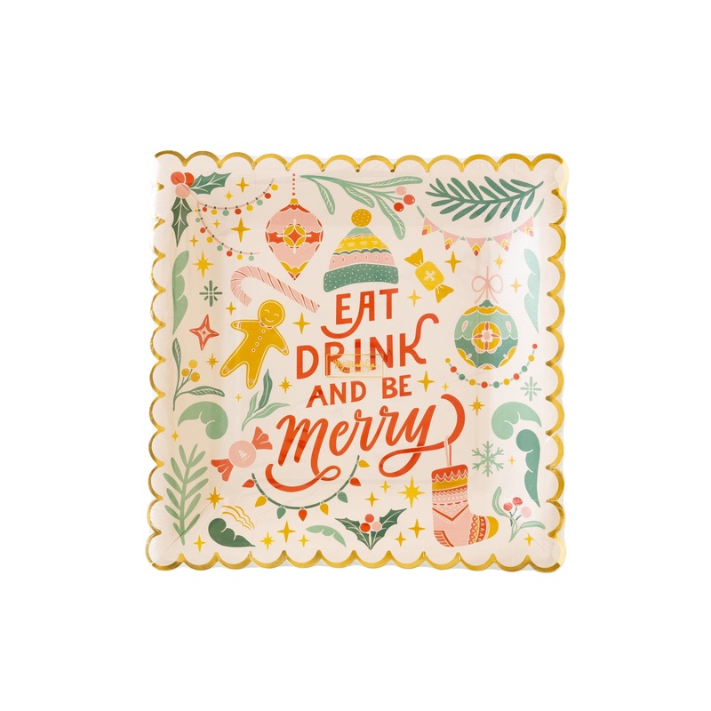 Retro Christmas Square Merry Paper Plate