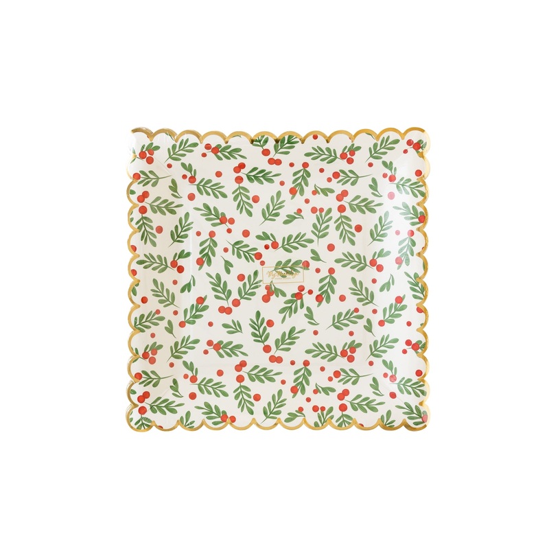 Holly & Stripes Scallop Paper Plate