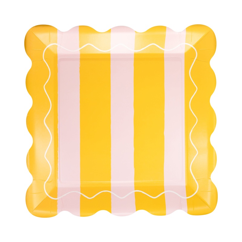 Yellow & Pink Striped Scalloped Square Plate