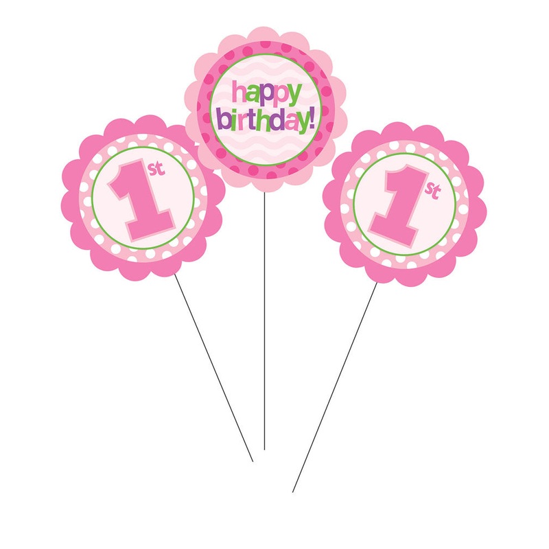 1st Birthday Pink Assorted Centrepiece Sticks Pack of 3