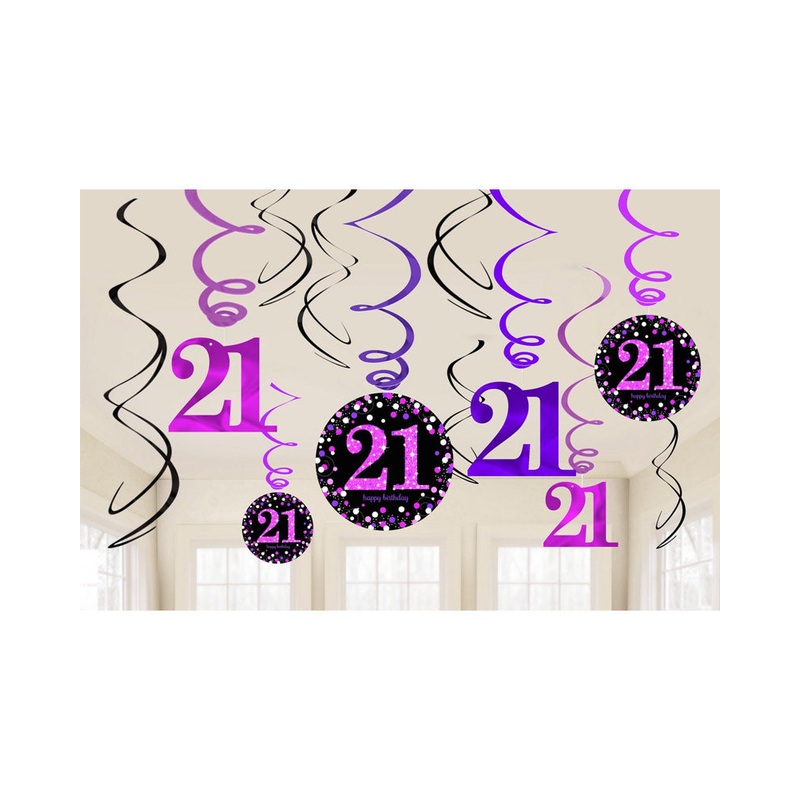 Pink Celebration 21st Hanging Swirl Decorations Pack of 12