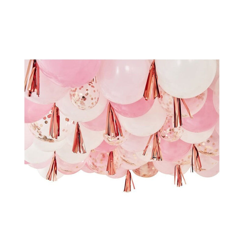 Mix It Up Blush White and Rose Gold Balloon Ceiling with Tassels