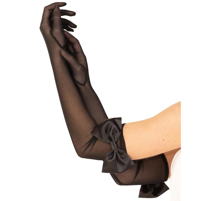 Sheer Mesh Black Opera Gloves with Bow