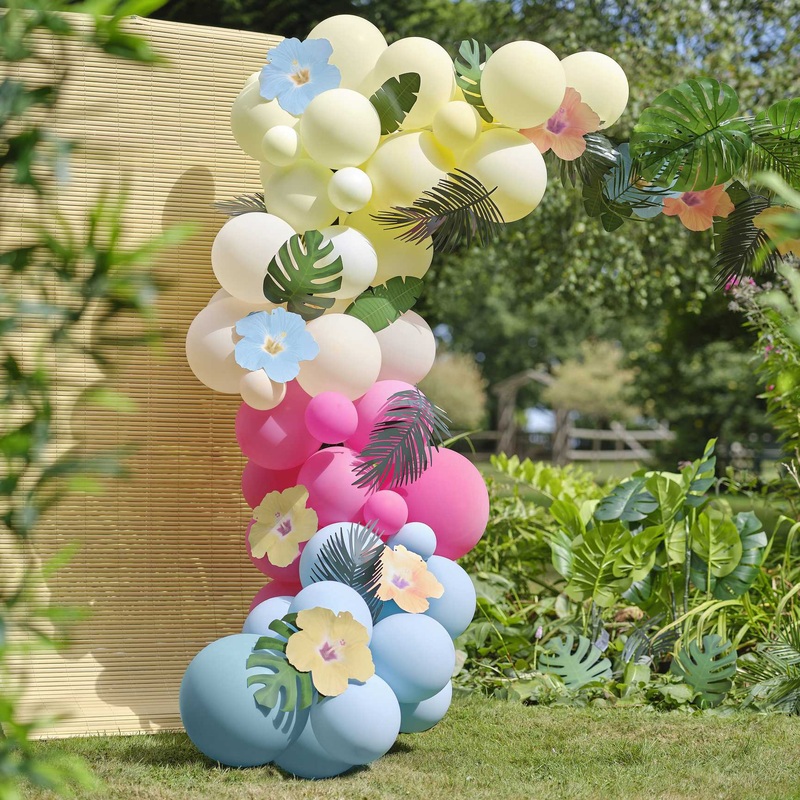 Tiki Tropics Hawaiian Tiki Balloon Arch with Tropical Flowers & Foliage