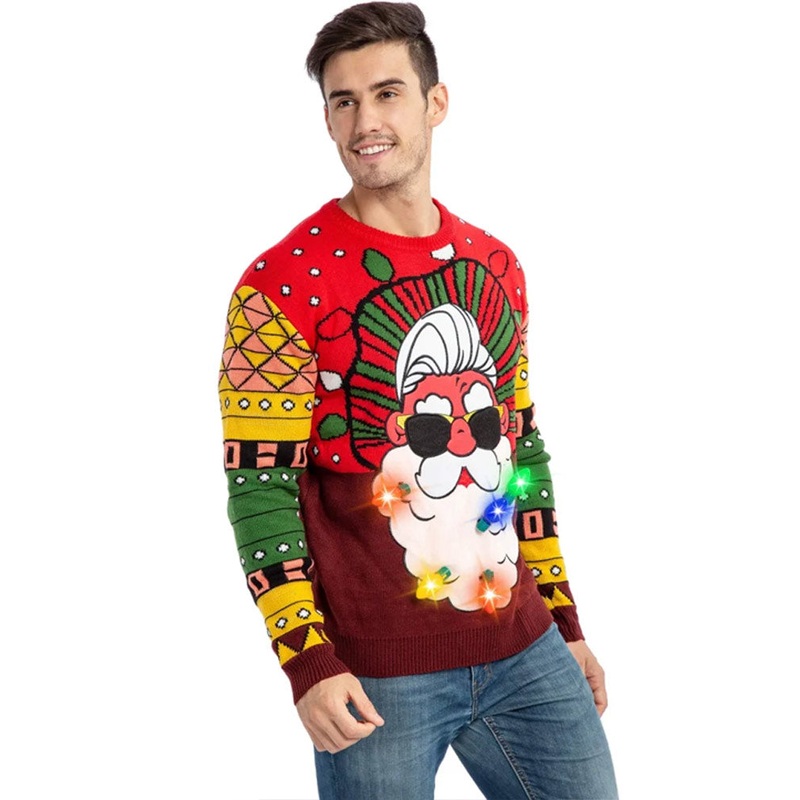 Ugly Christmas Santa with Light Bulbs Mens Sweater