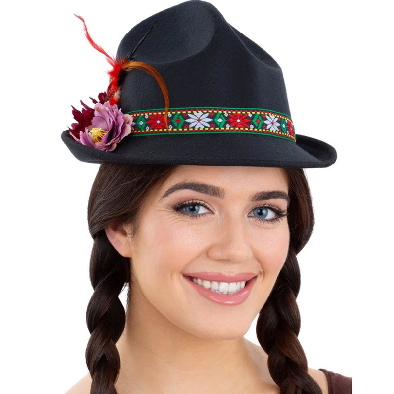 Dirndl Feathers and Flowers Black Trenker Hat