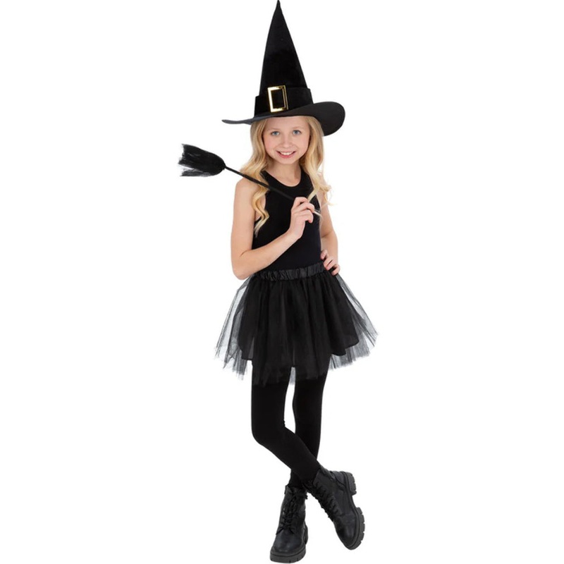 Kids Witch Tutu Hat and Broom Set