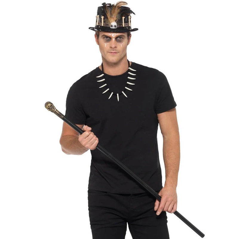 Voodoo Feather Top Halloween Hat Detachable Skull Cane and Bone Necklace Set