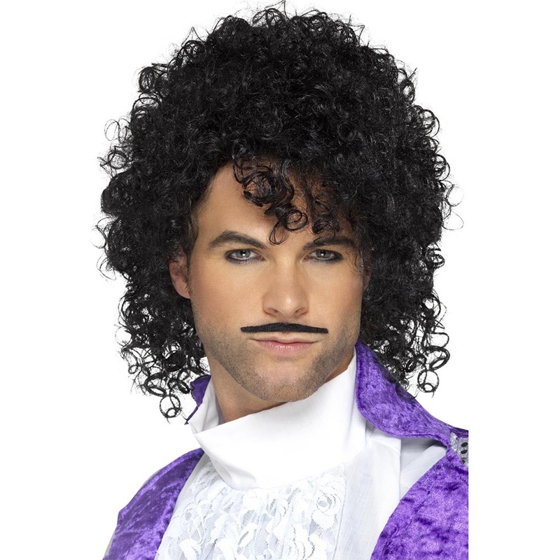 80s Purple Musician Black Wig and Moustache Set