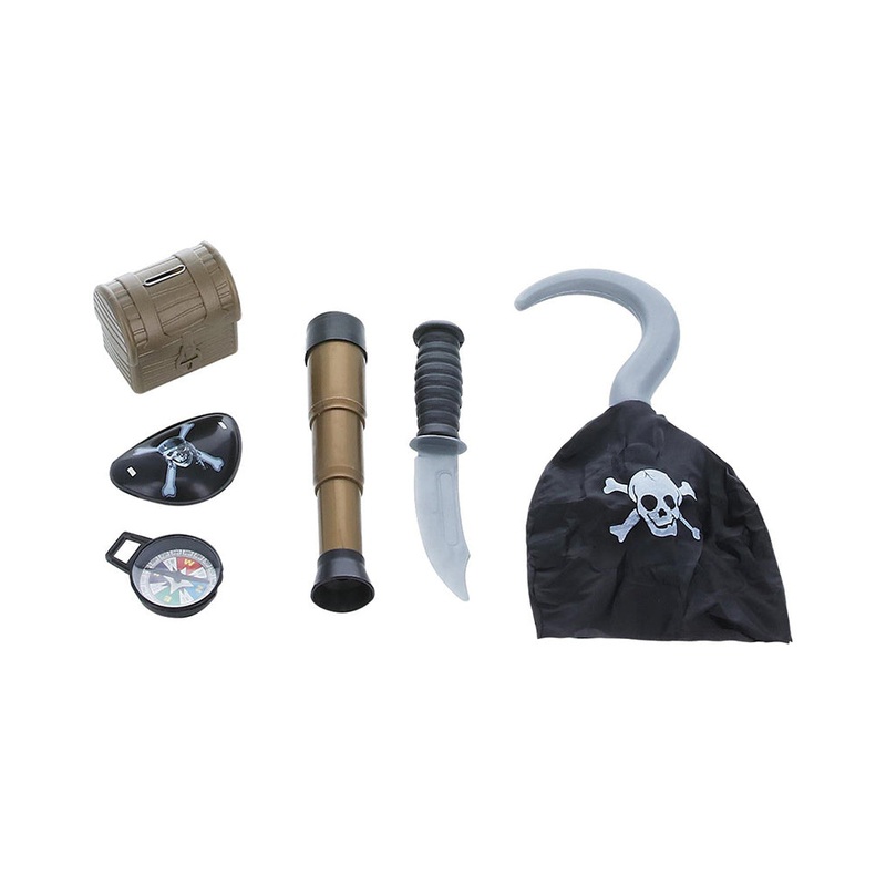 Brown Pirate Hook Knife Eyepatch Telescope Chest and Compass Set