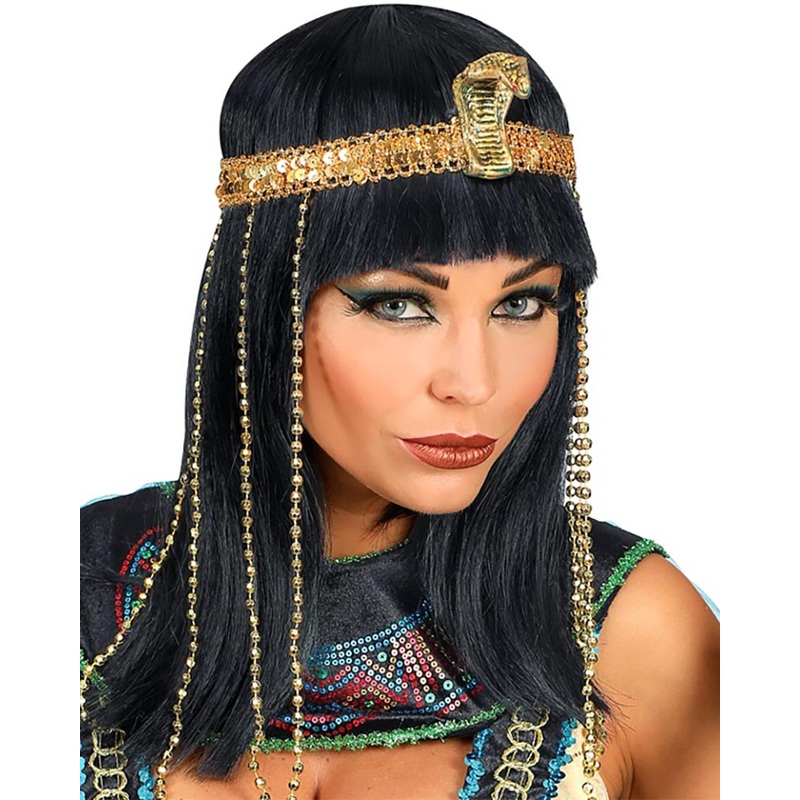 Egyptian Empress Black Wig with Beaded Snake Headband