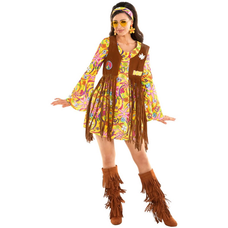 60s Yellow Hippie Dress Womens Costume