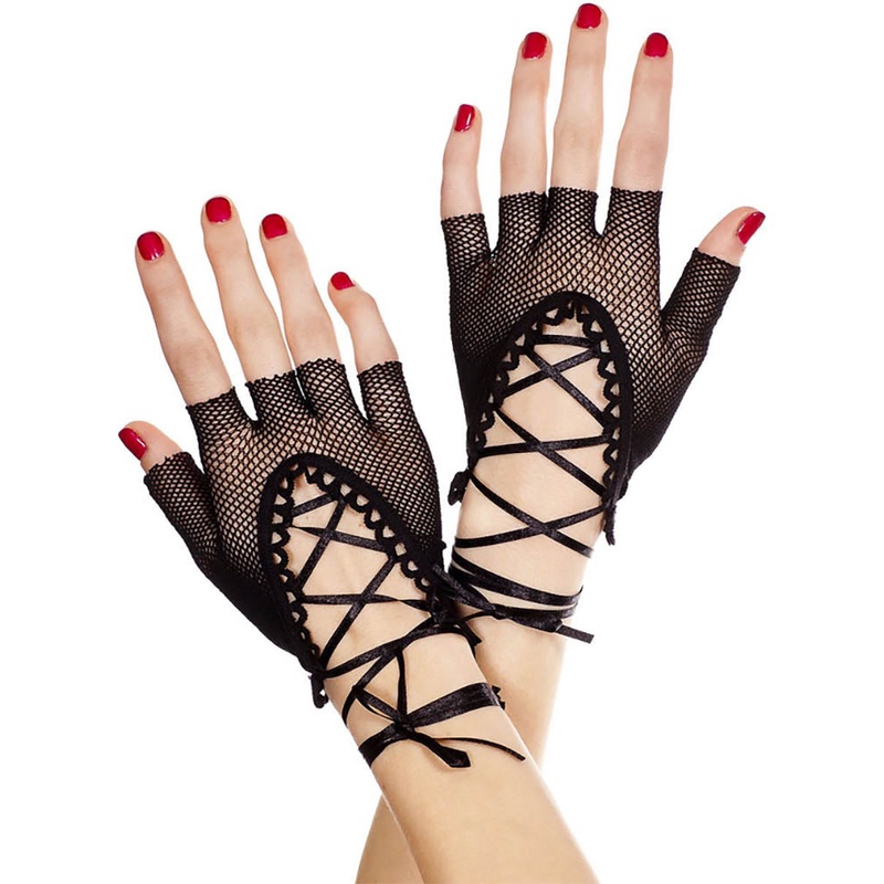 Black Lace Up Wrist Length Fingerless Gloves