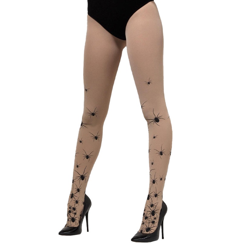 Opaque Nude with Black Spiders Halloween Tights