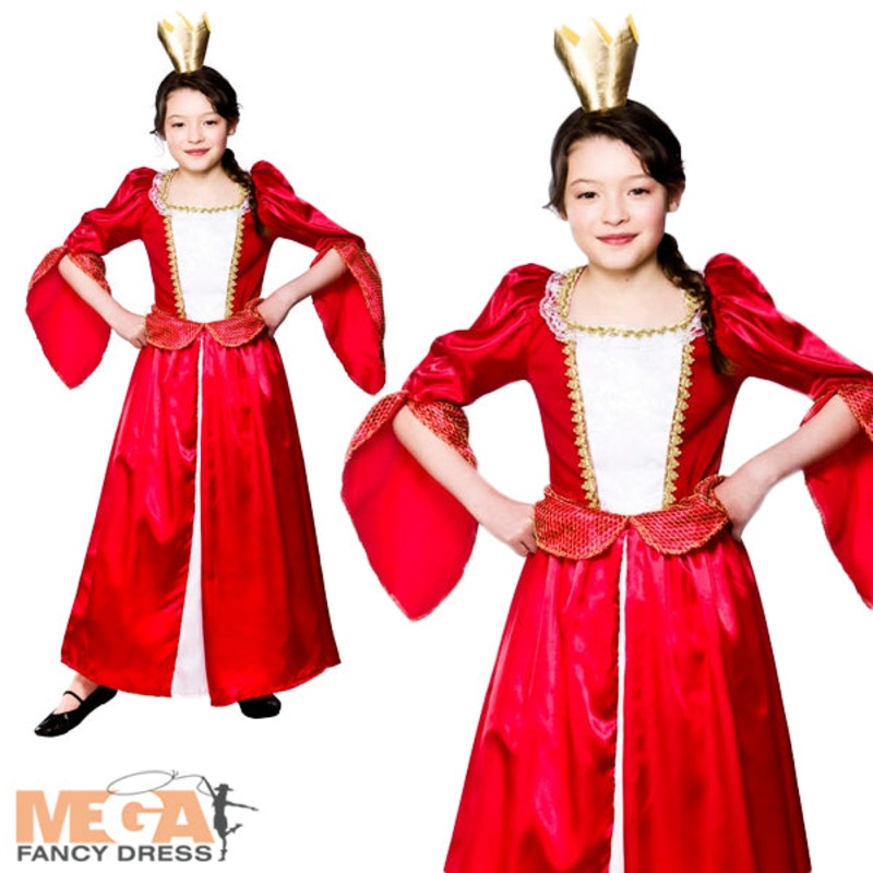 Girls Royal Medieval Queen Fairytale Costume with Crown