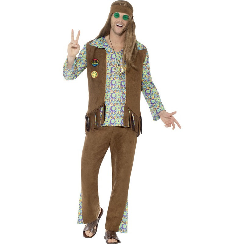 1960s Hippie Men's Costume with Trousers, Top, Waistcoat