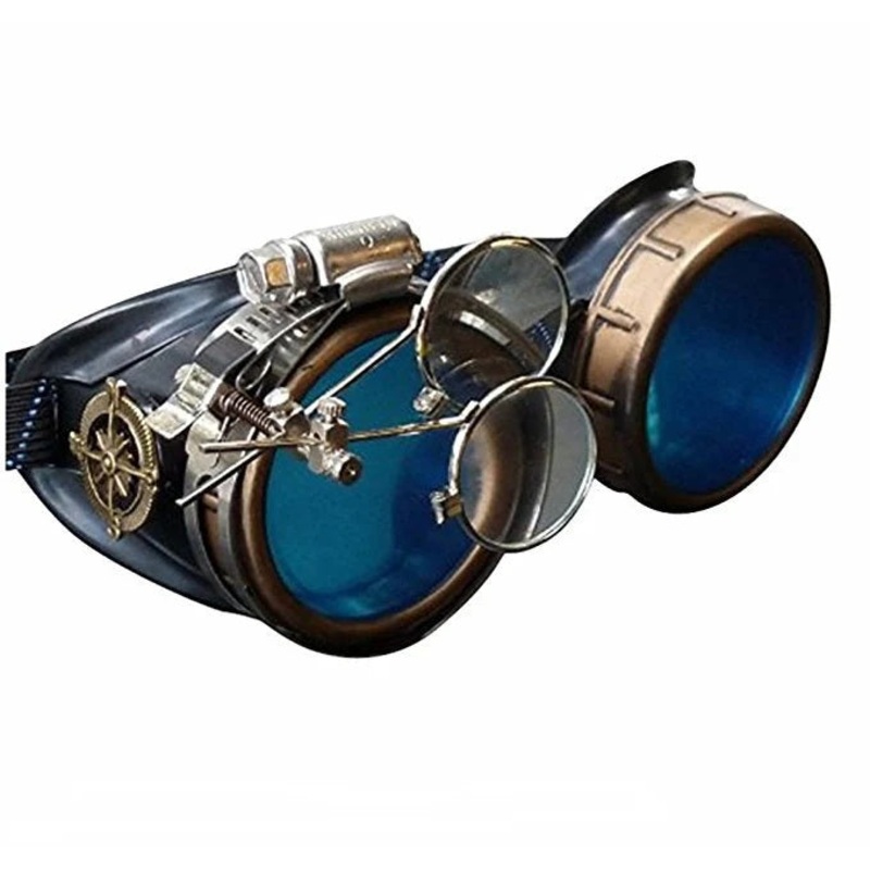 Victorian Steampunk Goggles With Magnifying Eye Loupes Blue Lenses