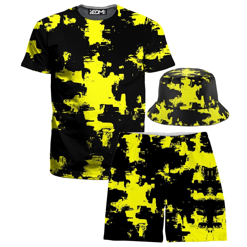 Black and Yellow Abstract T-Shirt and Shorts with Bucket Hat Combo