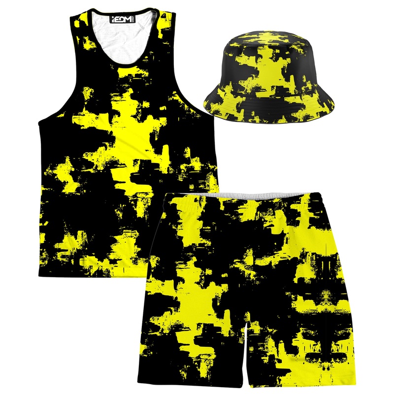Black and Yellow Abstract Tank and Shorts with Bucket Hat Combo