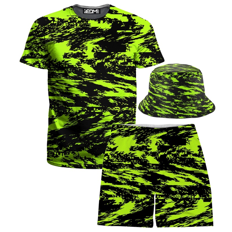 Black Lime Bolt Glitch T-Shirt and Shorts with Bucket Hat Combo