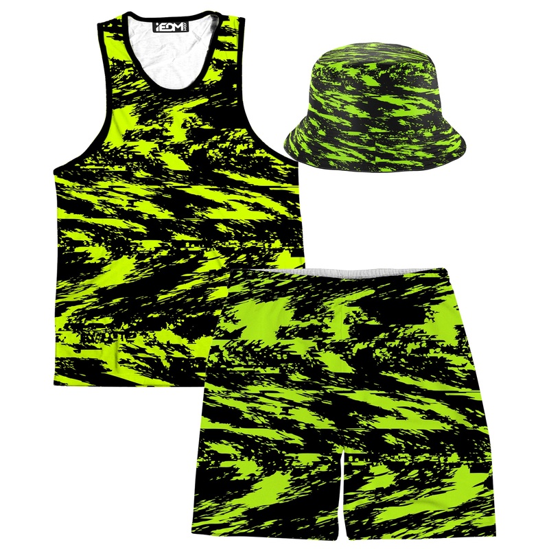 Black Lime Bolt Glitch Tank and Shorts with Bucket Hat Combo