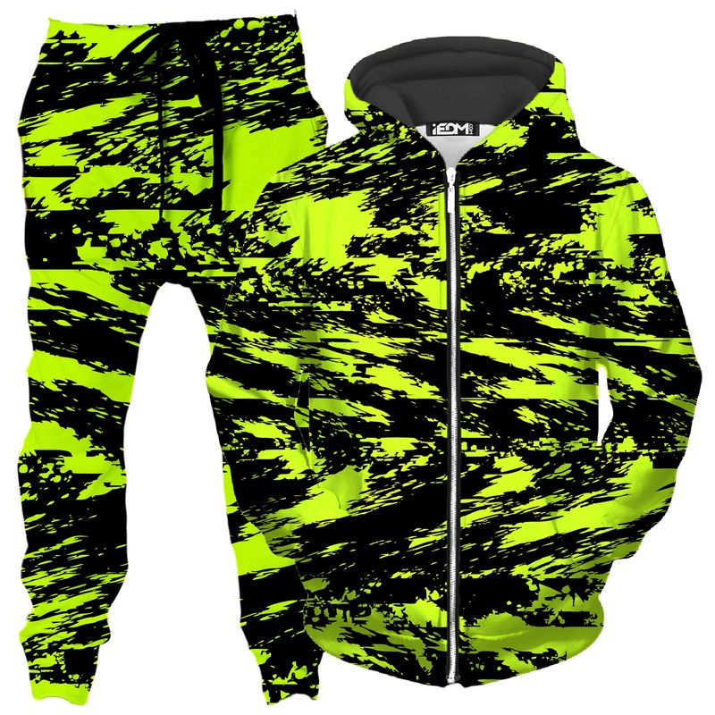 Black Lime Bolt Glitch Zip-Up Hoodie and Joggers Combo
