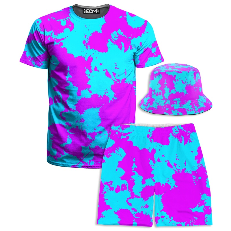 Blue and Purple Paint Splatter T-Shirt and Shorts with Bucket Hat Combo