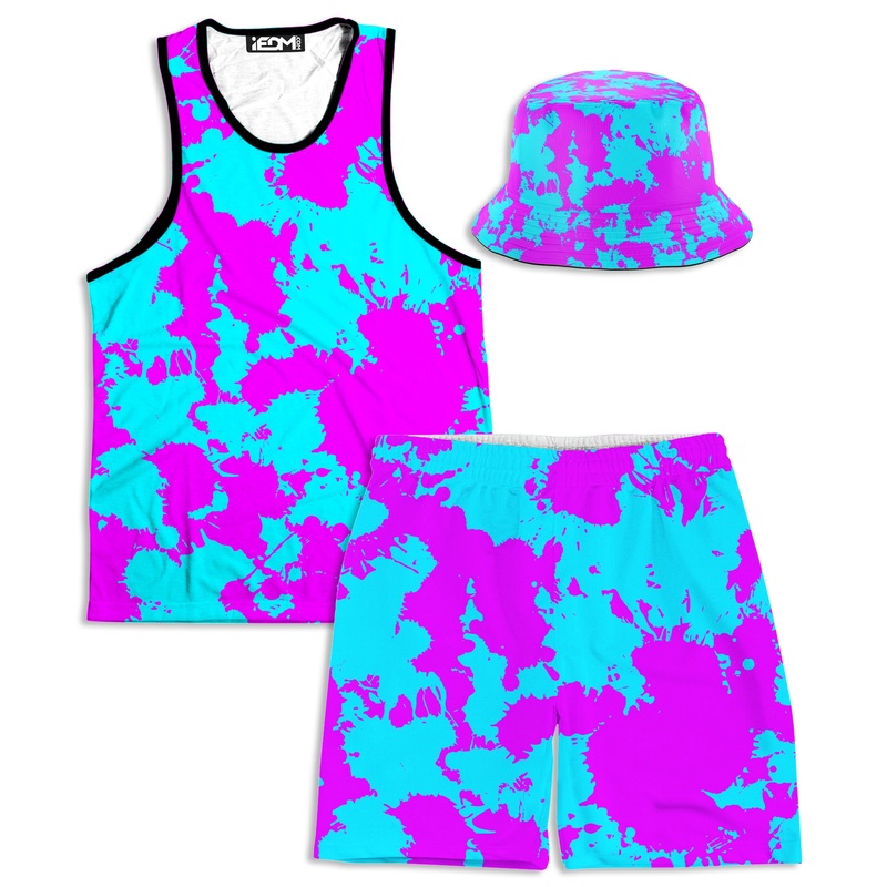 Blue and Purple Paint Splatter Tank and Shorts with Bucket Hat Combo